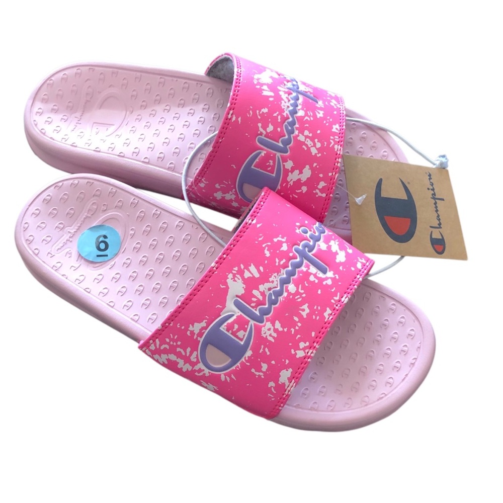 NWT Champion Pink Splash Dye Super Slide Sandals summer pool walking Sz 6 youth